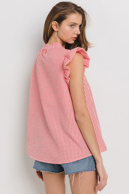 Red Gingham Ruffle Sleeve Top