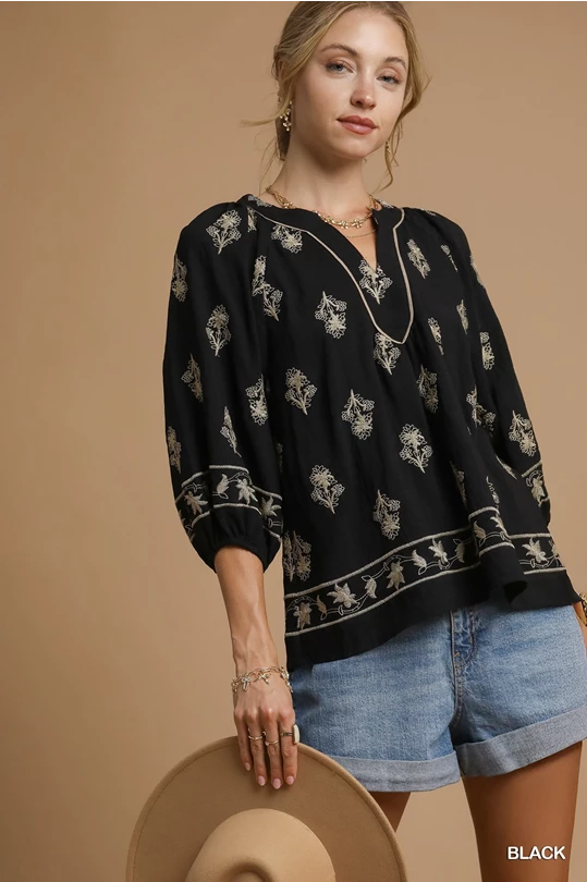 Umgee Black Embroidered Top