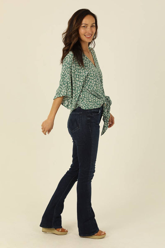 Cactus Print V-Neck Kimono Sleeve Top