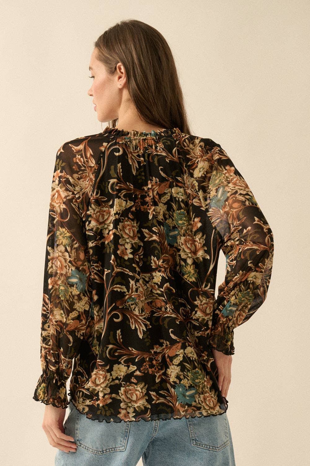 Floral-Print Mesh V-Neck Buttoned Ruffle-Cuff Top