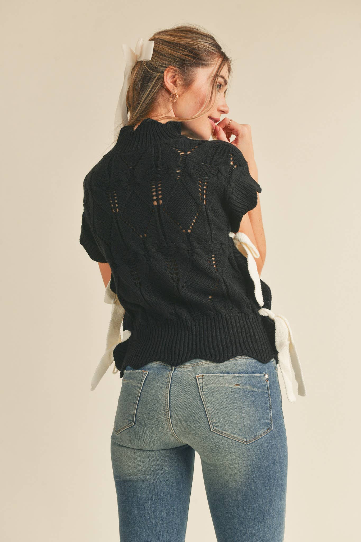 Pre-Order arrives 9/25-Black Sweater Vest Top with Side Bows