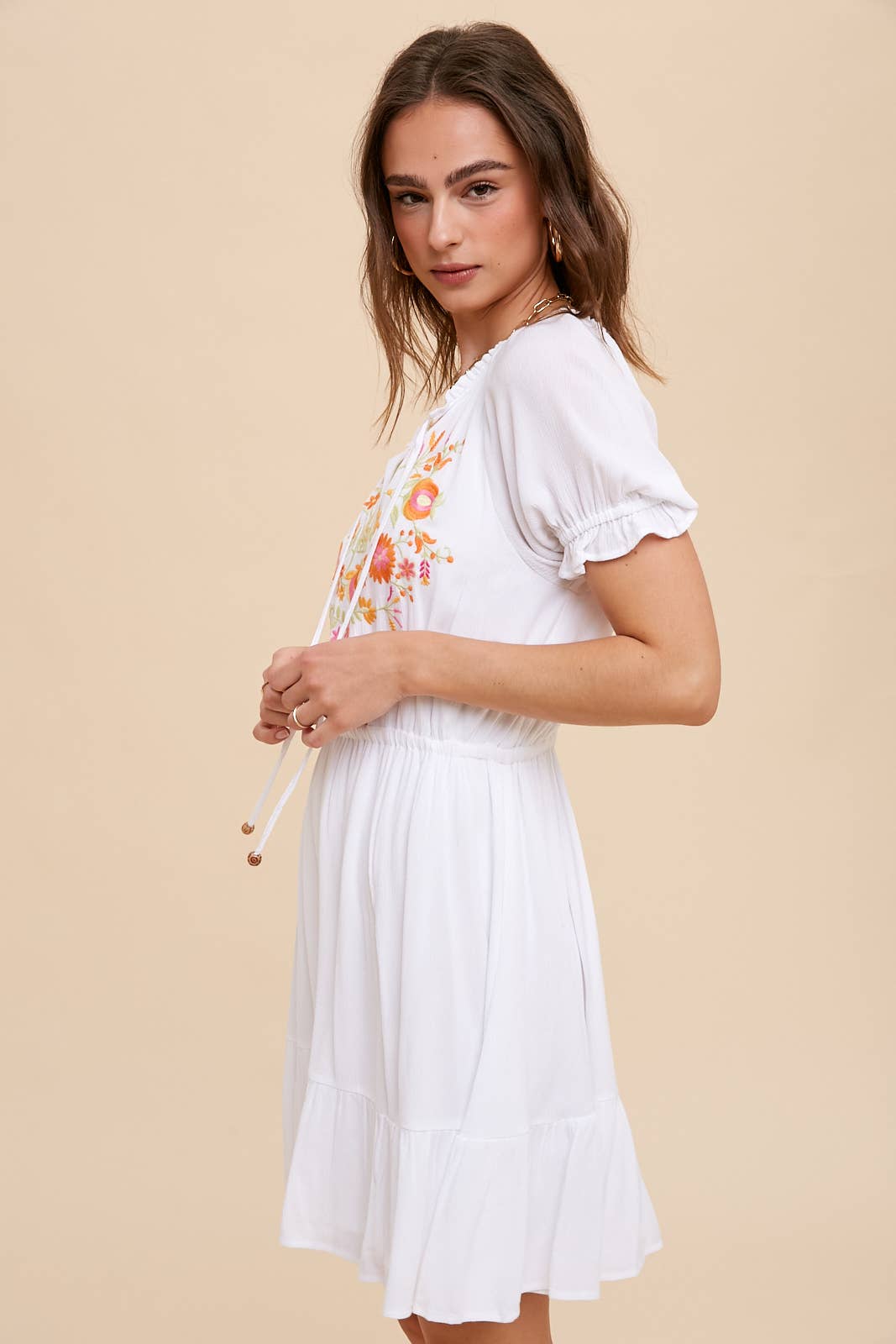 White Floral Embroidered Short Dress