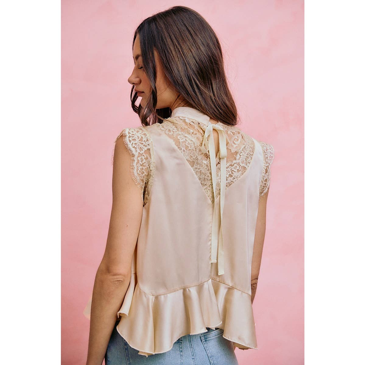 Satin Mock Neck Lace Details Peplum Top