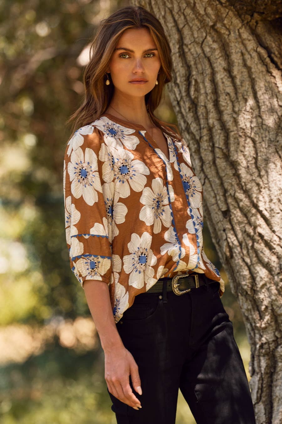 Rust and Blue Floral Printed 3/4 Sleeve Blouse