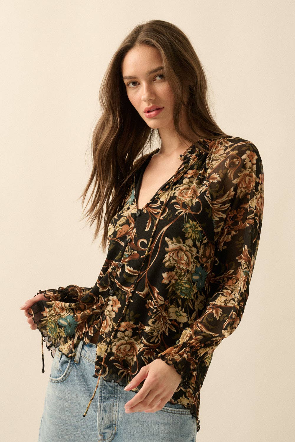 Floral-Print Mesh V-Neck Buttoned Ruffle-Cuff Top