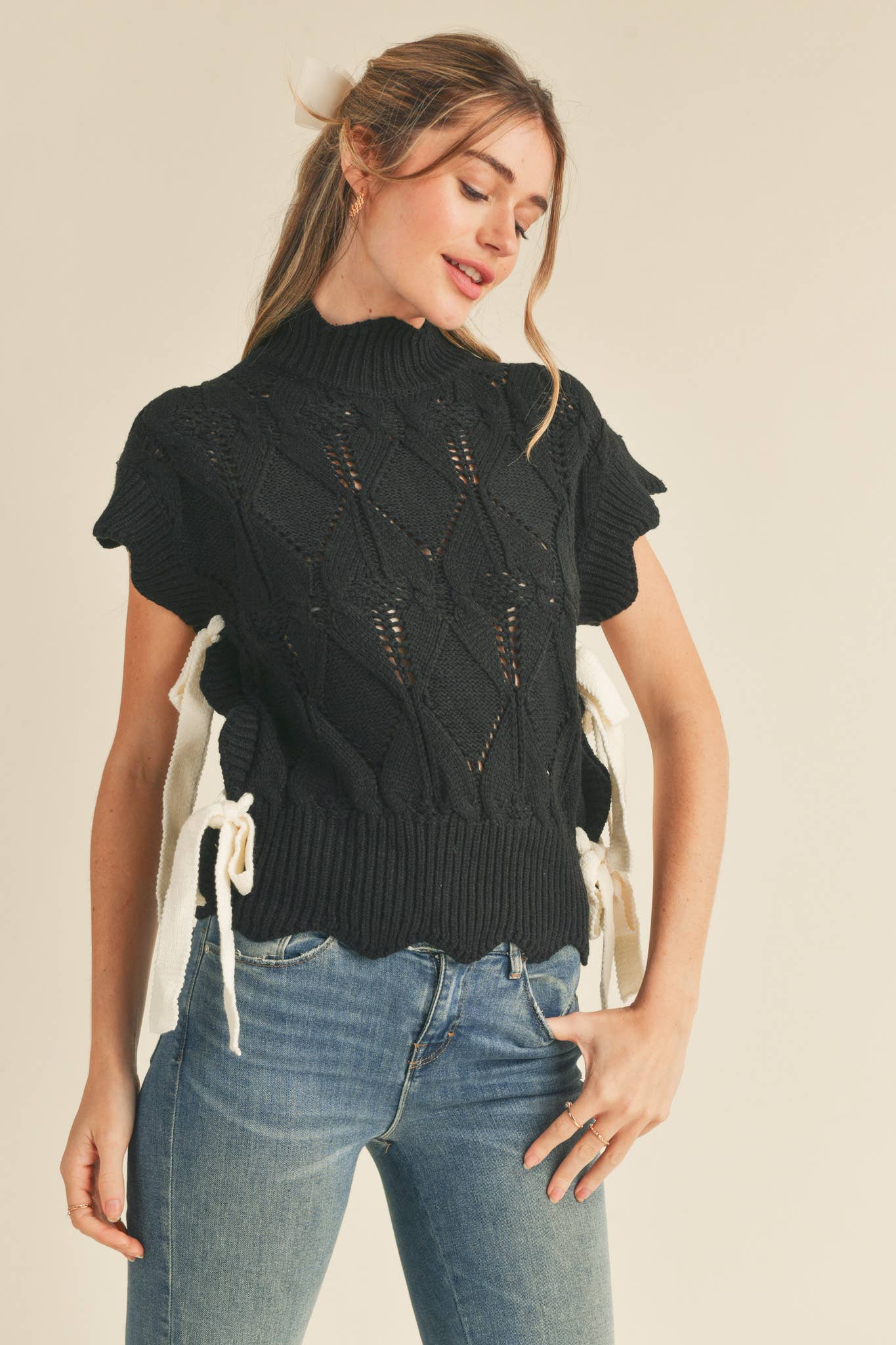 Pre-Order arrives 9/25-Black Sweater Vest Top with Side Bows