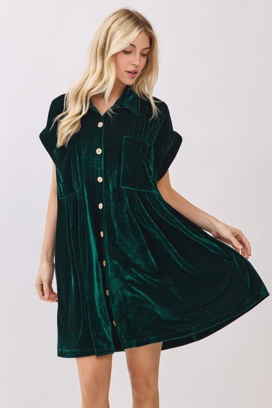 Hunter Green Velvet Shirt Dress