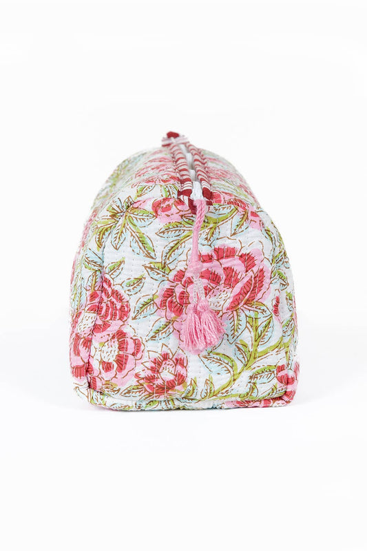 White with Red Floral print Quilted Cotton Toiletry Bag Set