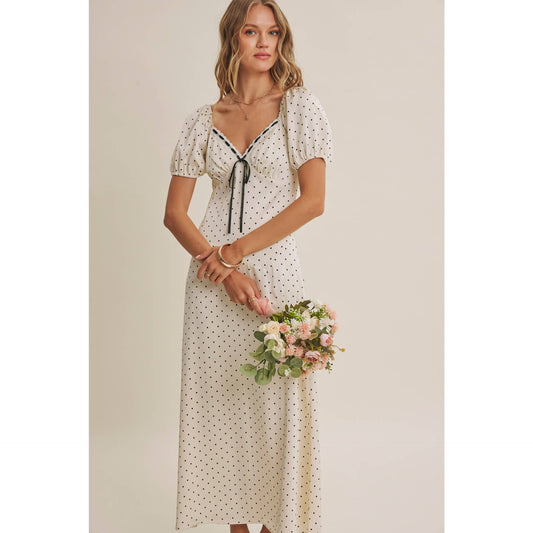Vintage Paris Flowy Fit & Flare Polka Dot Satin Midi Dress-Ivory/Black