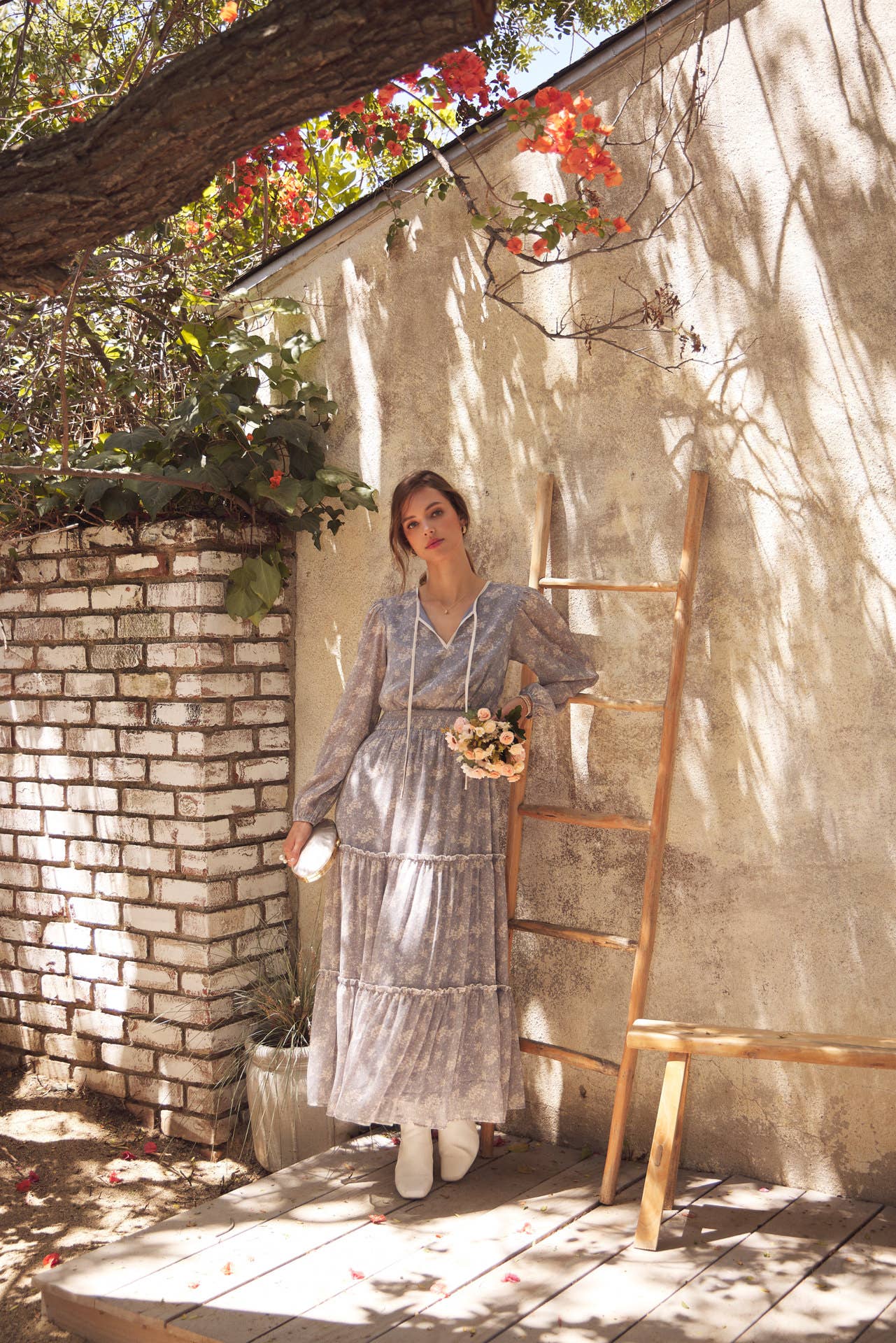 Dusty Blue & Cream with contrast Midi Dress