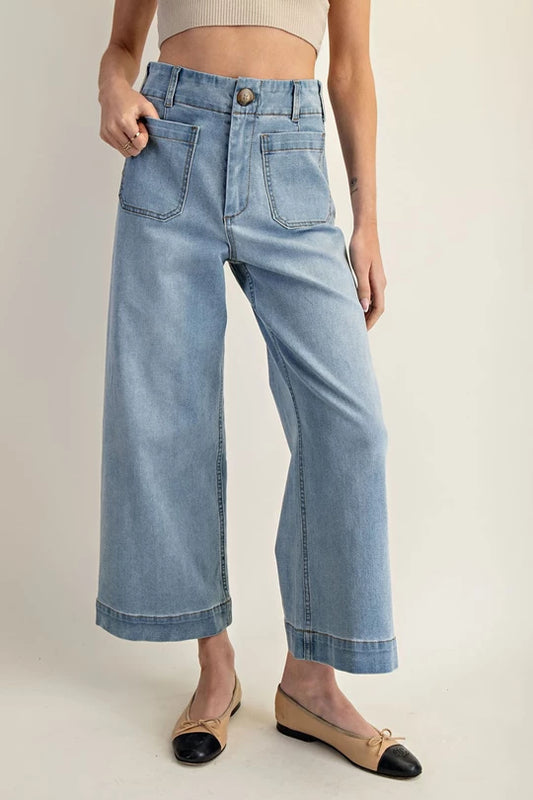 Cropped Stretch Patch Pocket Wide Leg Denim