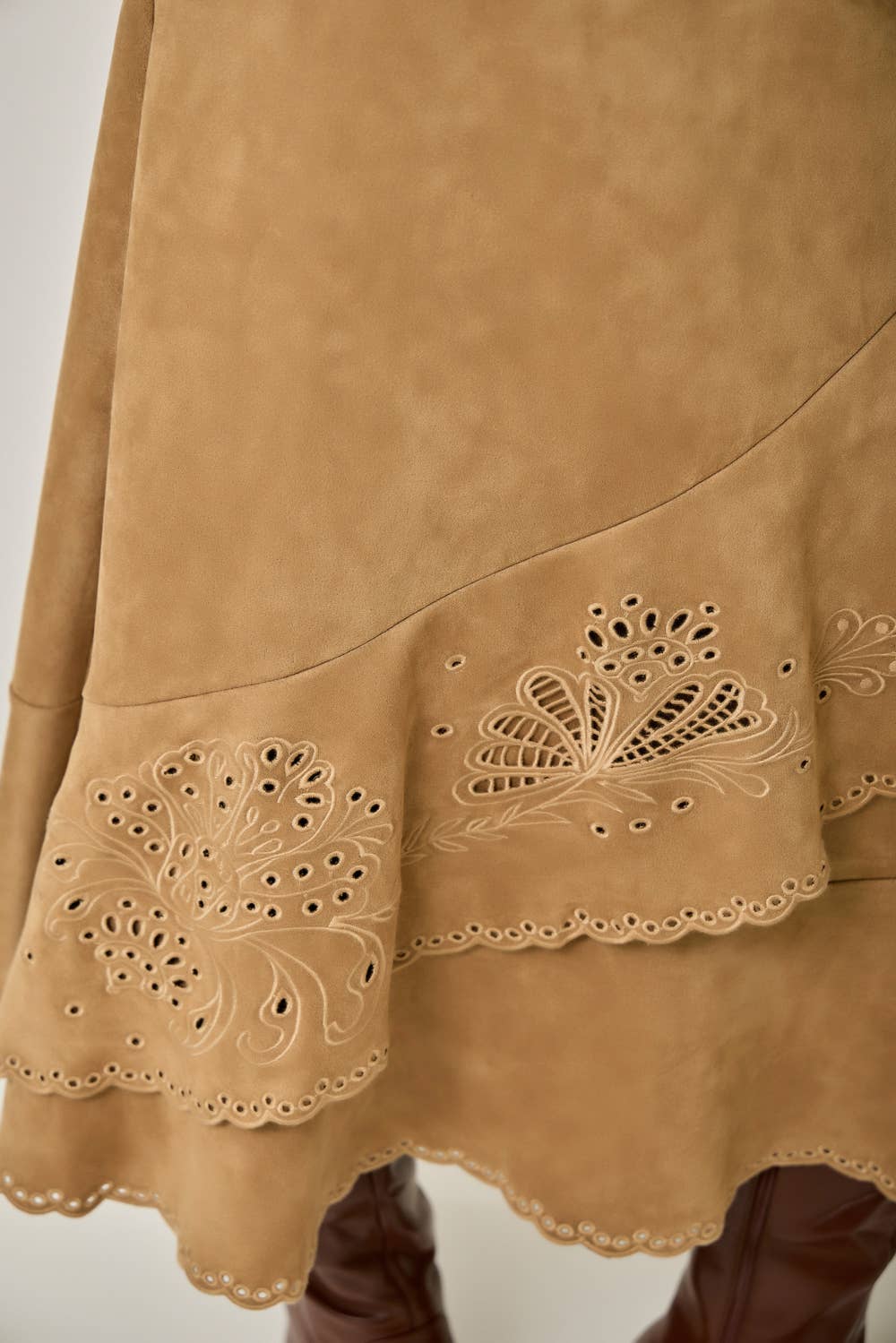 Suede Embroidered Ruffle Midi Skirt