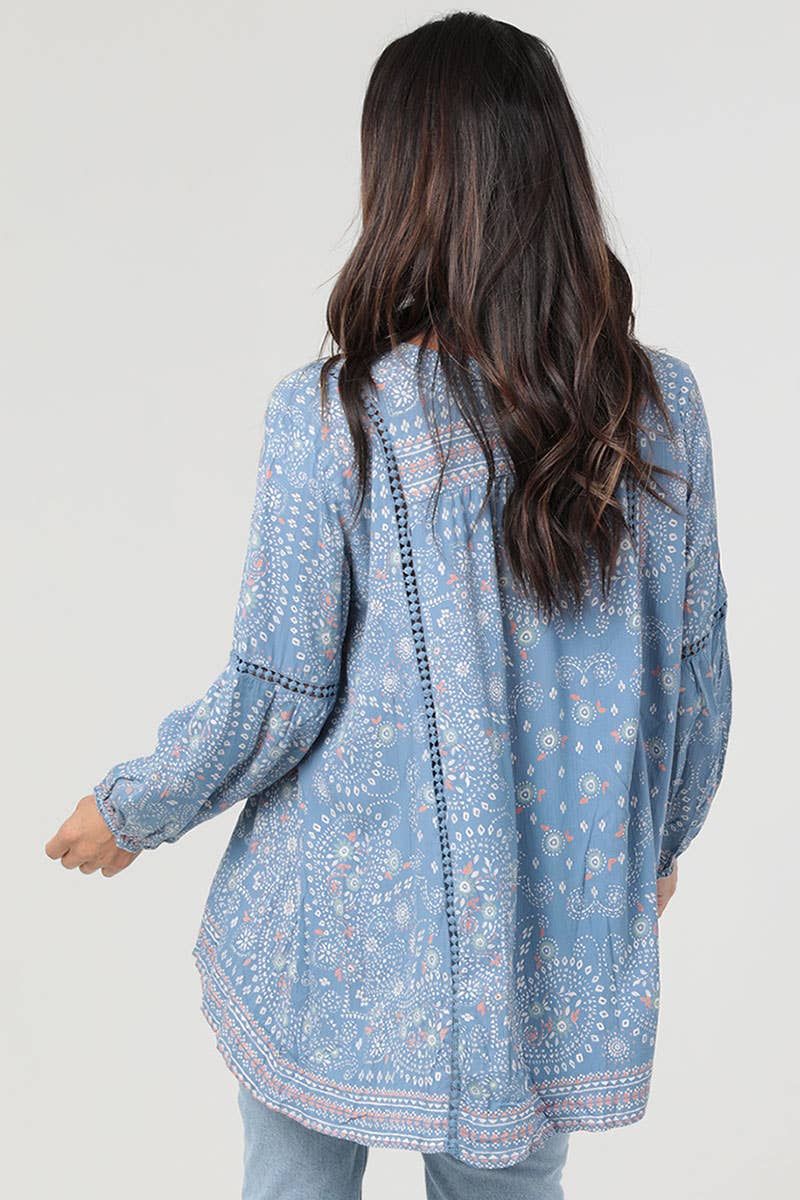 Blue Paisley Ladder Lace Detail Tunic Top