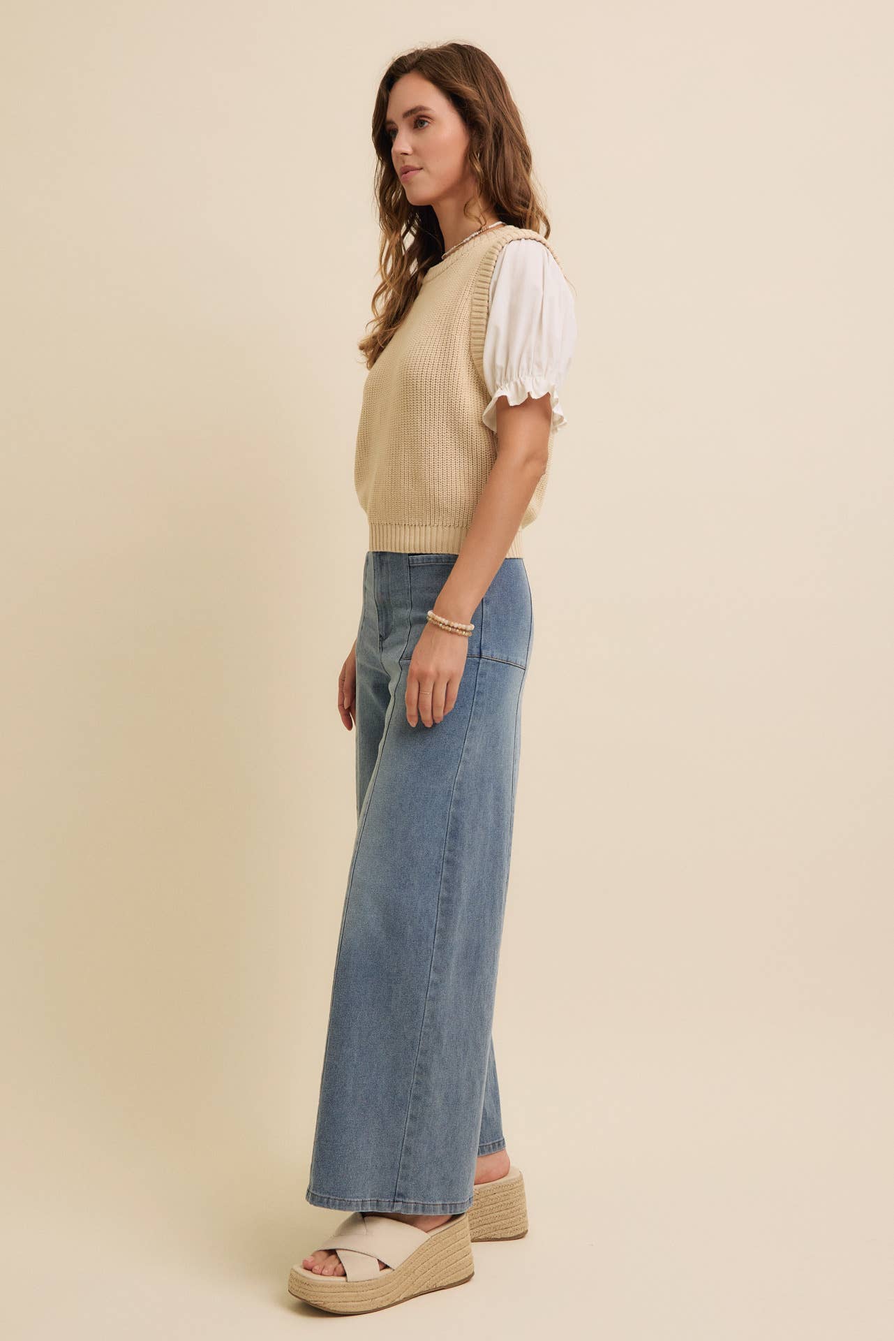 SOFT BLEND OF COZY WOVEN PUFF SLEEVE SWEATER KNIT TOP