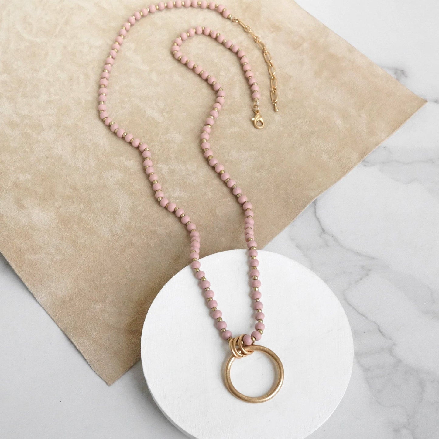 Long Wooden Bead Necklace with gold circle ring - Pink