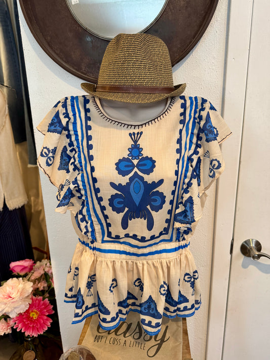 Folk Floral Peplum Top-Navy and Taupe