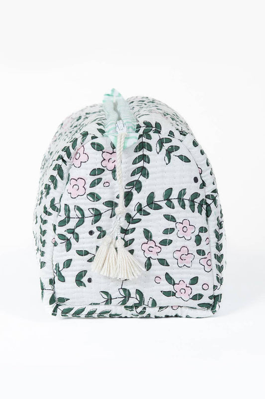 White Floral print Quilted Cotton Toiletry Bag Set