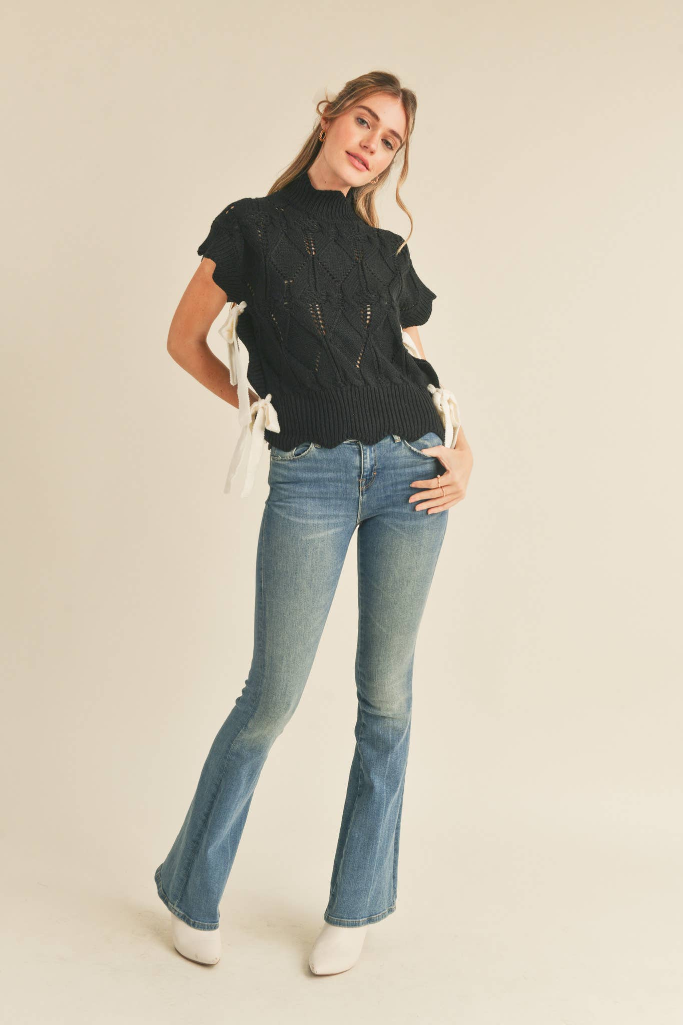 Pre-Order arrives 9/25-Black Sweater Vest Top with Side Bows