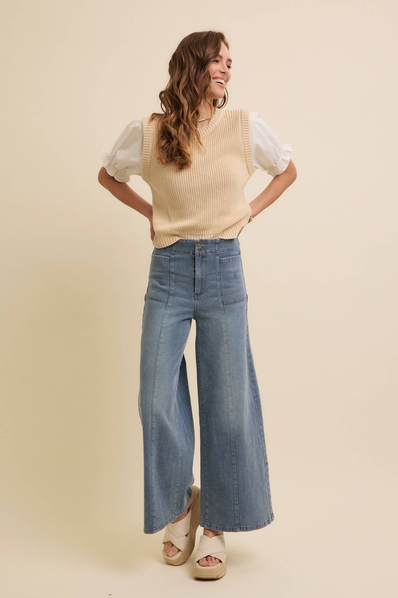 SOFT BLEND OF COZY WOVEN PUFF SLEEVE SWEATER KNIT TOP