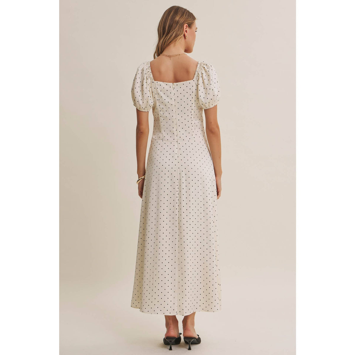 Vintage Paris Flowy Fit & Flare Polka Dot Satin Midi Dress-Ivory/Black
