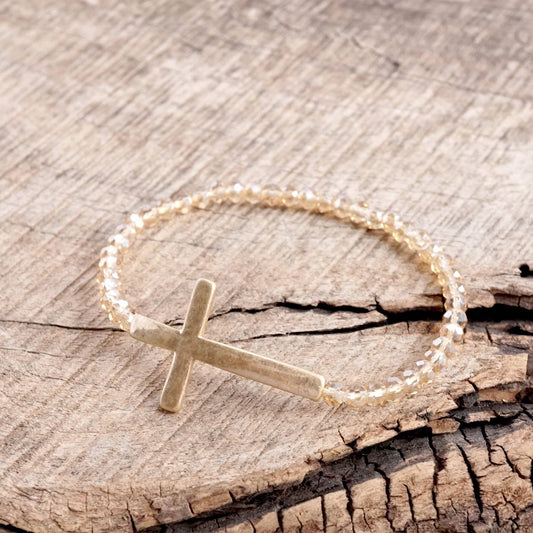 Minimal Sideways Cross Bracelet with Glass Beads Gold tone: Champaign Glass Beads