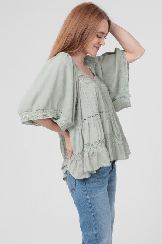 Lace Trim Square Neck Top-Sage
