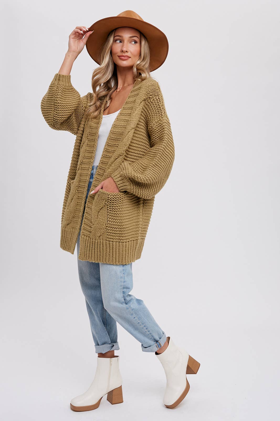 Ivory Chunky Cable Lantern Sleeve Cardigan