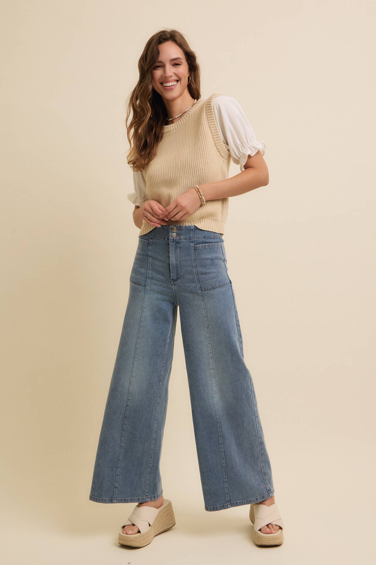 SOFT BLEND OF COZY WOVEN PUFF SLEEVE SWEATER KNIT TOP
