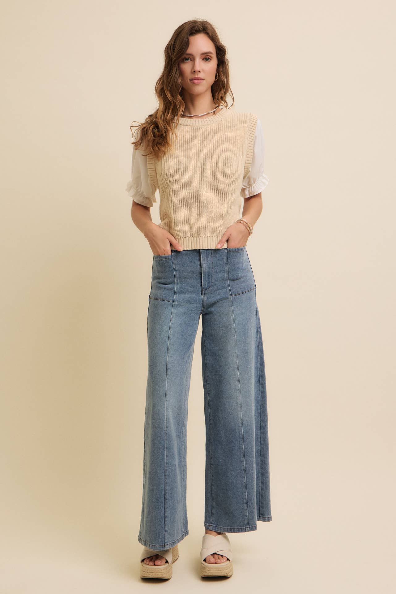 SOFT BLEND OF COZY WOVEN PUFF SLEEVE SWEATER KNIT TOP