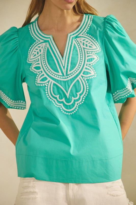Turquoise Embroidered Poplin Top