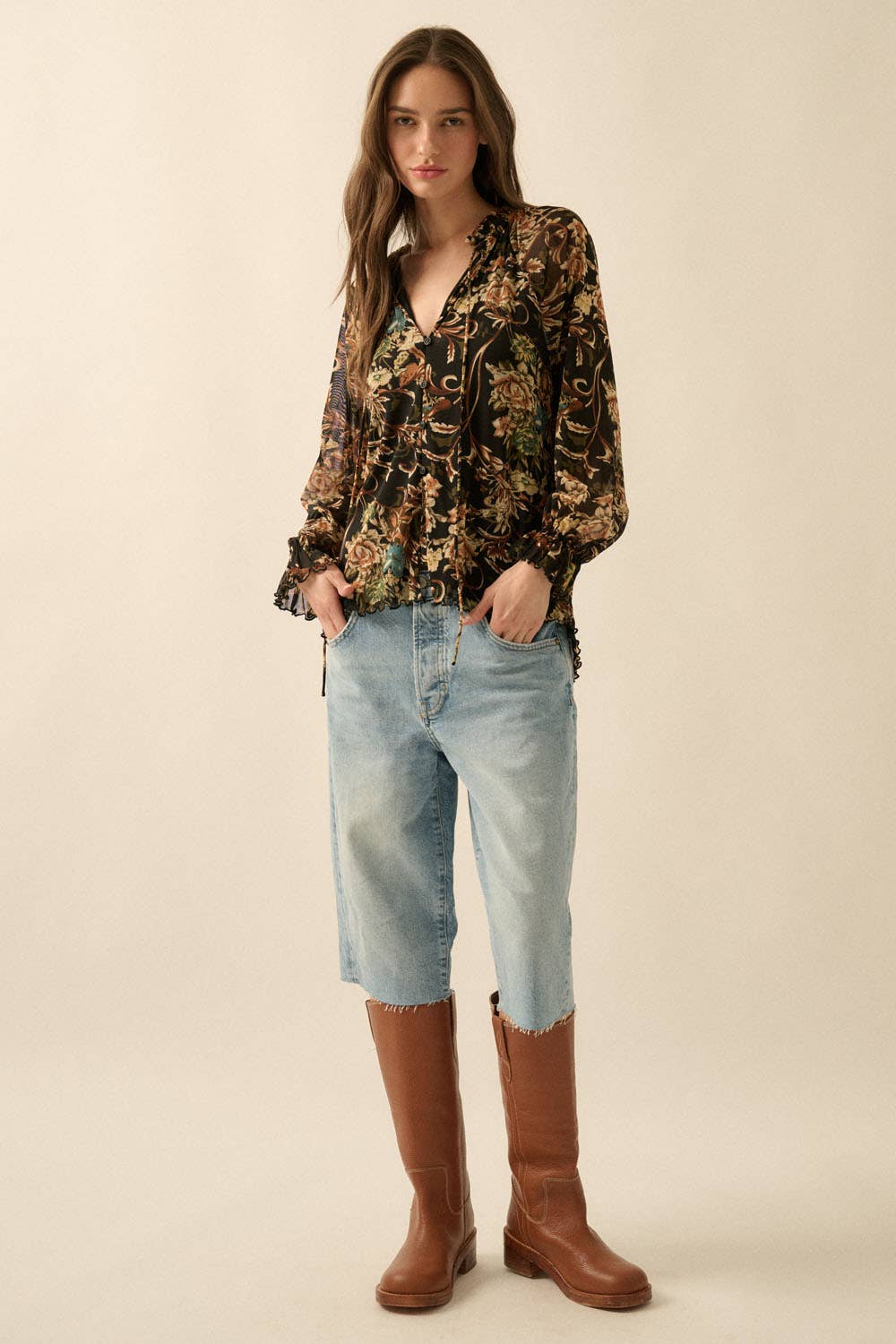 Floral-Print Mesh V-Neck Buttoned Ruffle-Cuff Top