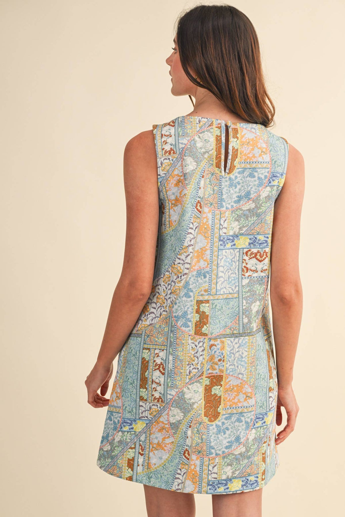 PATCHWORK PRINT DENIM SHIFT MINI DRESS
