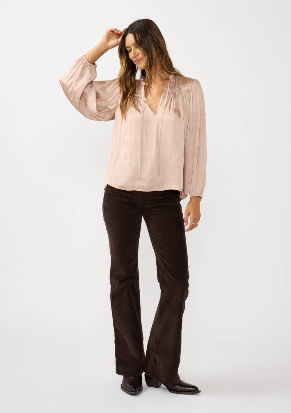 Split Neck Blush Pleated Satin Blouse