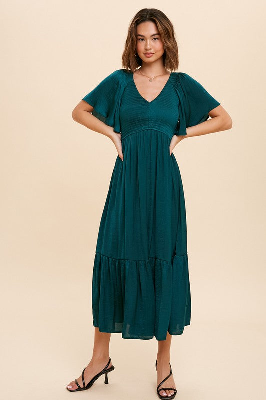 Emerald Green Satin Smocked Midi Dress