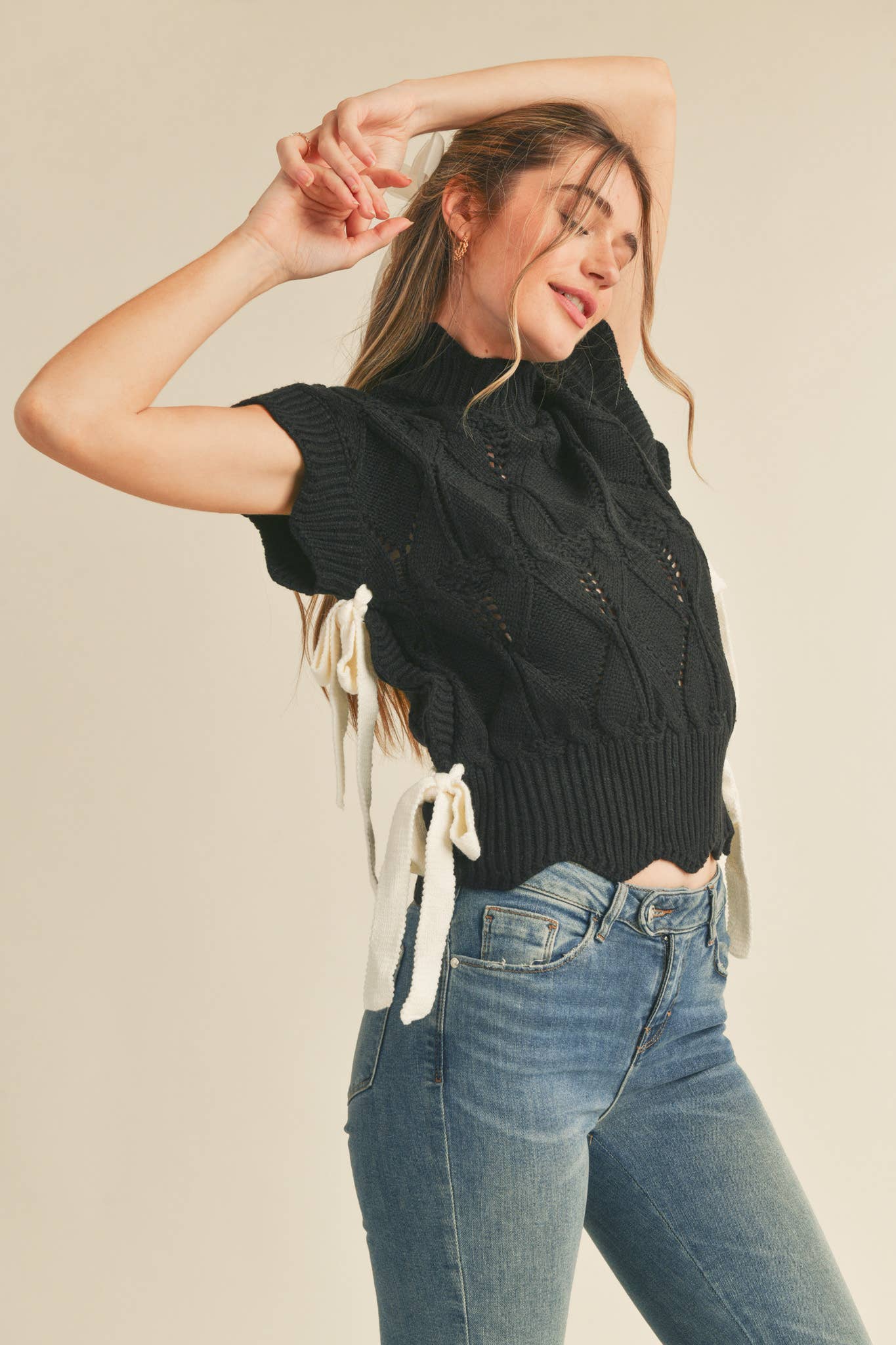 Pre-Order arrives 9/25-Black Sweater Vest Top with Side Bows