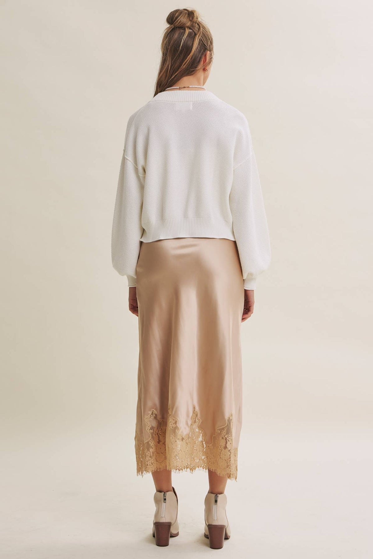 Champagne and French Lace Satin Midi Skirt