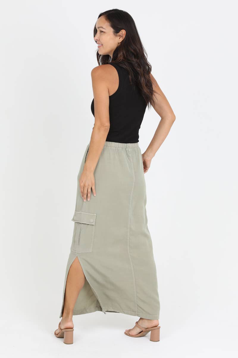 Tencel Cargo Pocket Maxi Skirt-Olive