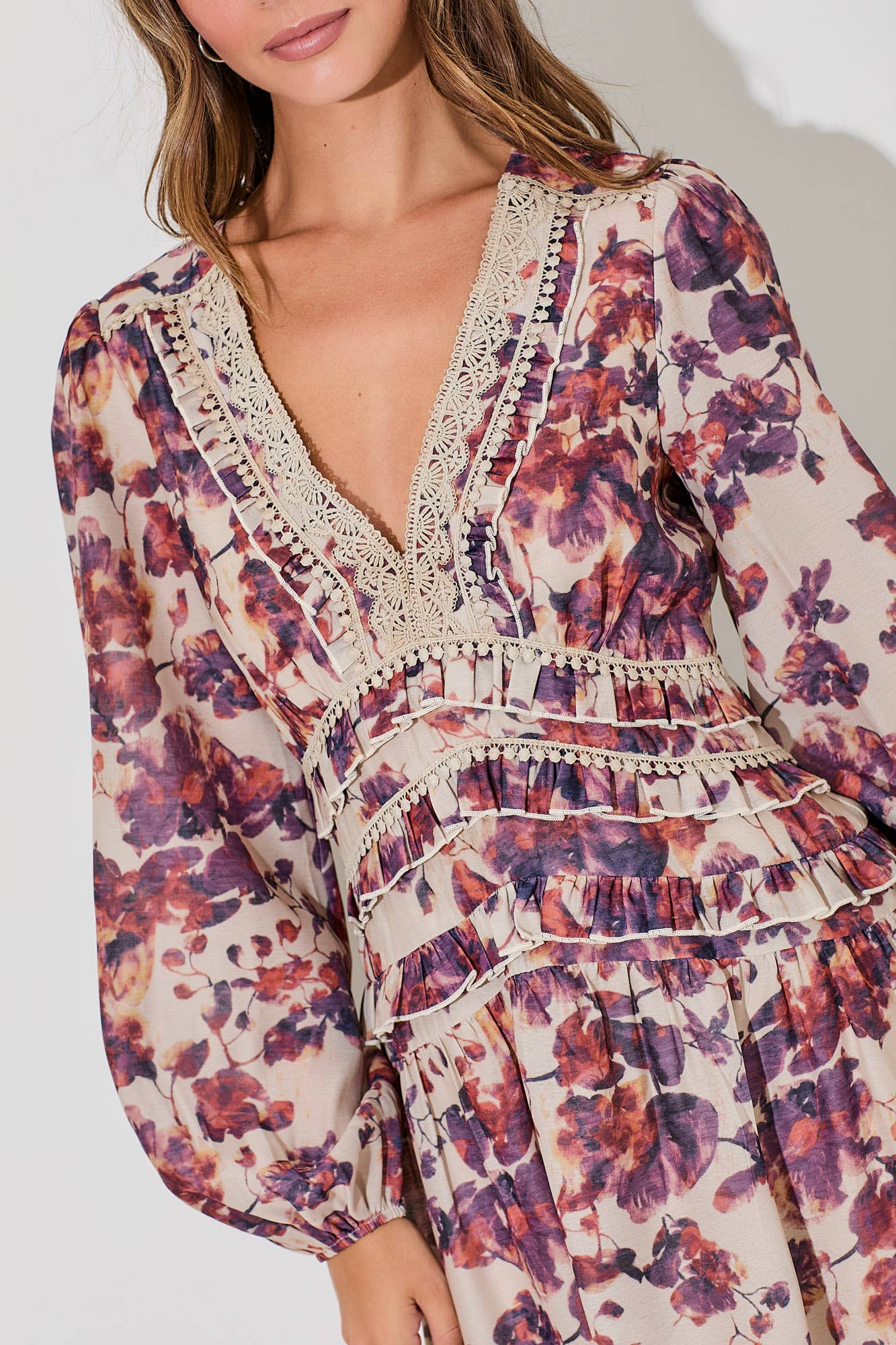Burgundy & Taupe Lace Floral Maxi Dress