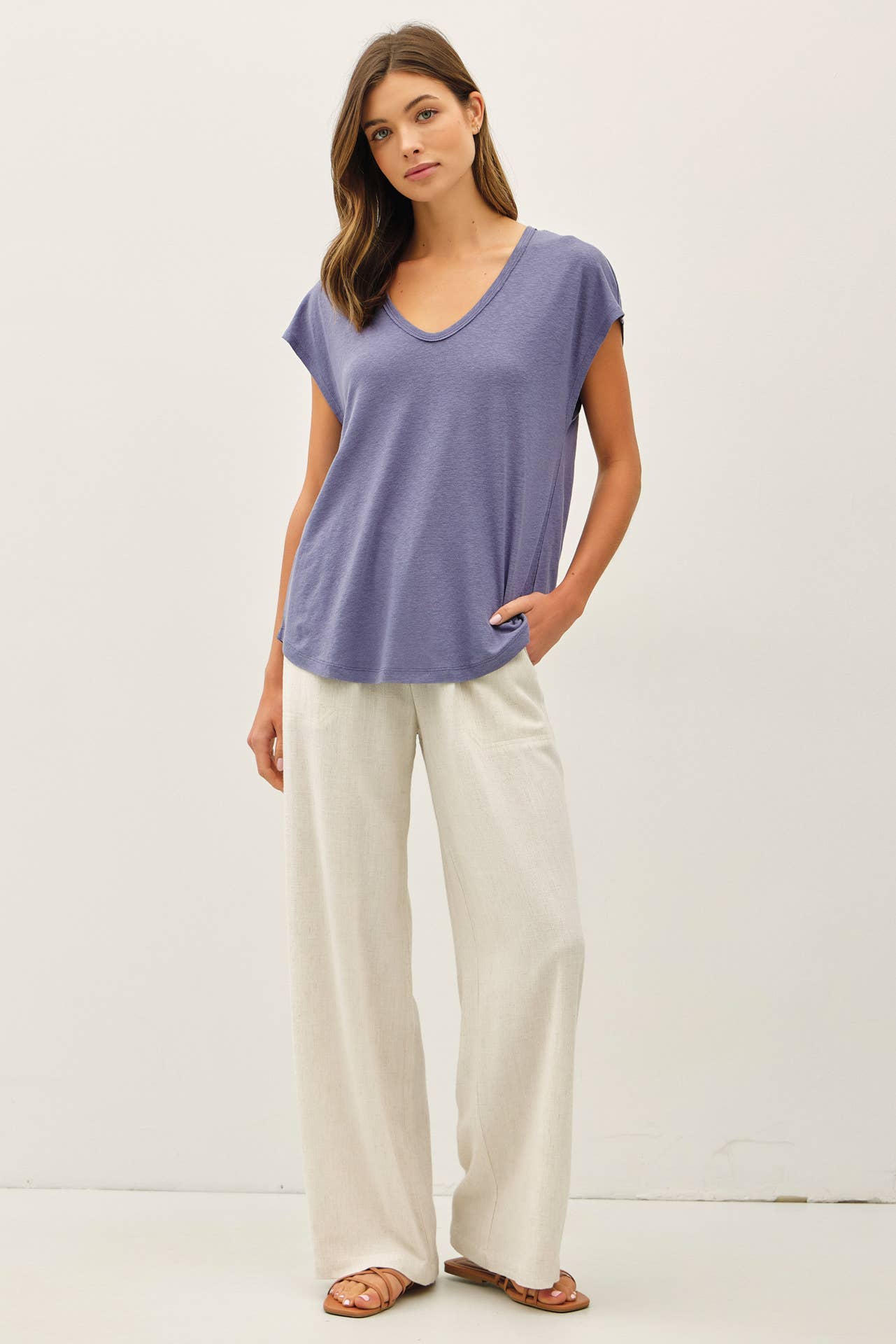 Raw Edge Detail Linen Blend T-Shirt; Ivory, Dusty Blue, Charcoal or Clay