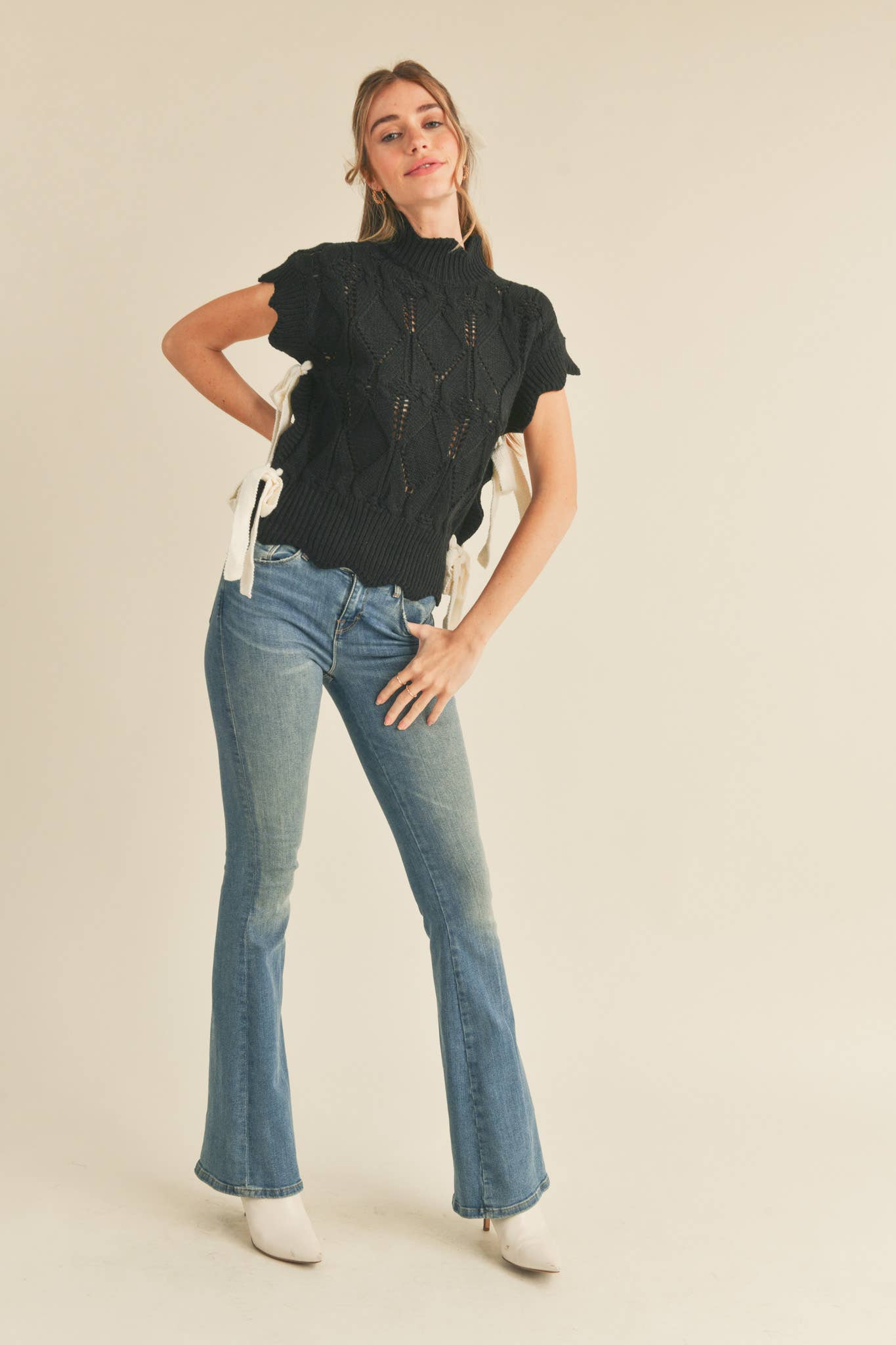 Pre-Order arrives 9/25-Black Sweater Vest Top with Side Bows
