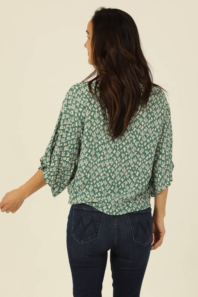 Cactus Print V-Neck Kimono Sleeve Top
