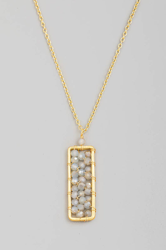 Beaded Rectangle Pendant Necklace: Grey