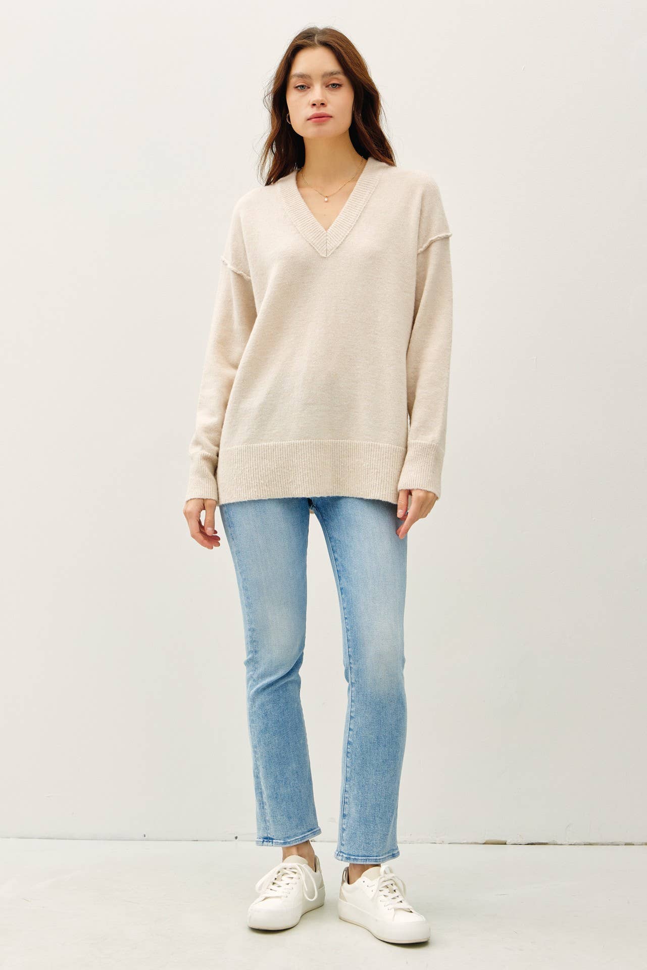 Oversized V-Neck Sweater with Raw Seam Details