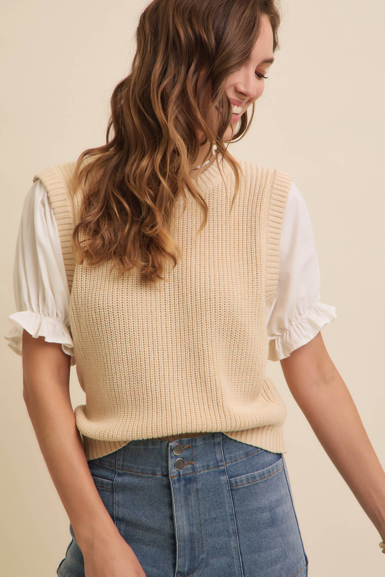 SOFT BLEND OF COZY WOVEN PUFF SLEEVE SWEATER KNIT TOP