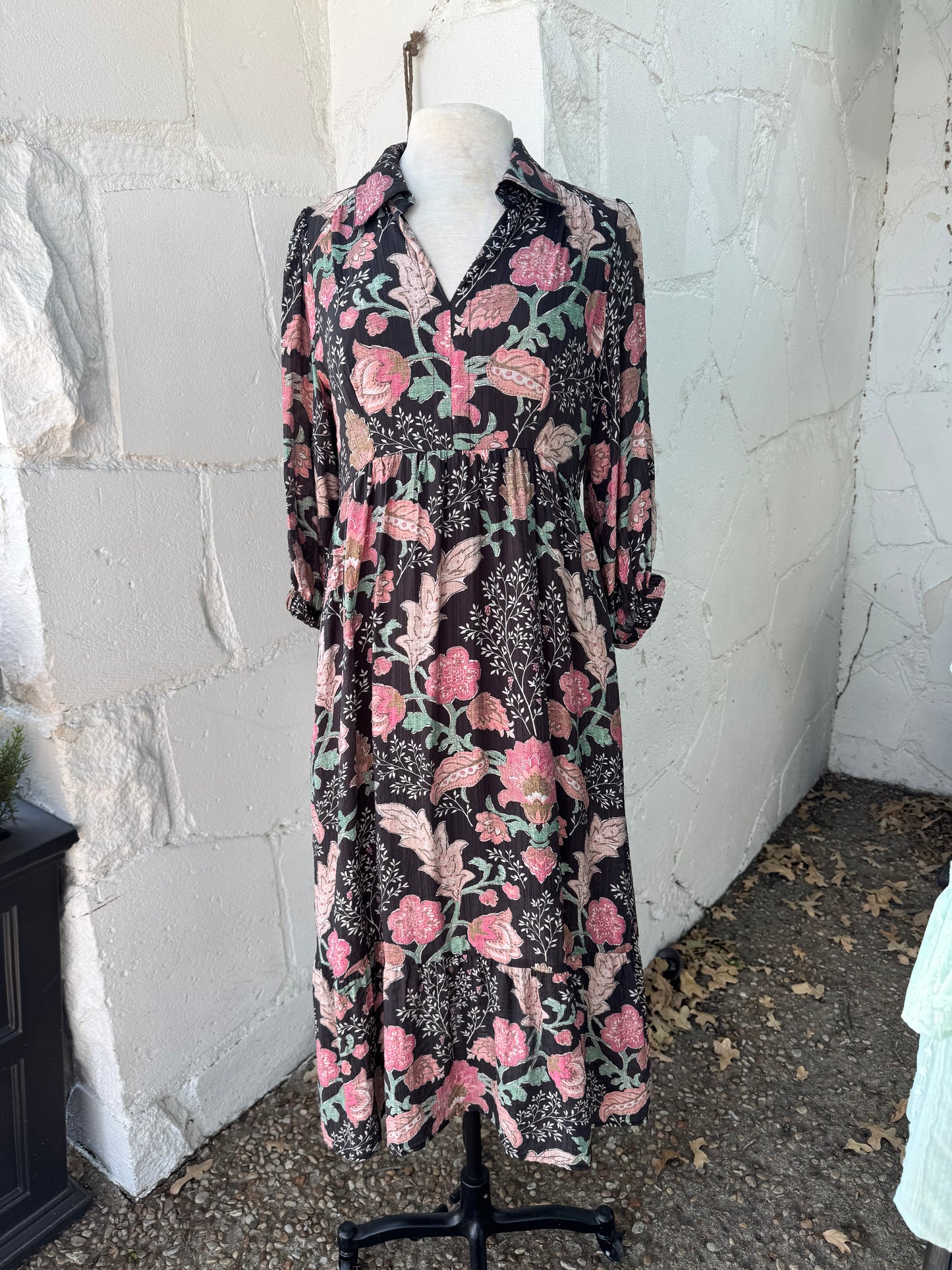 Black and Mauve Floral Midi Dress