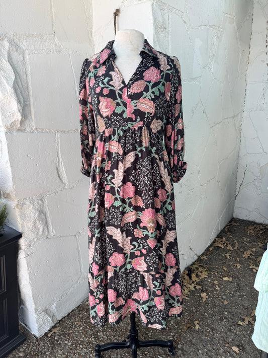 Black and Mauve Floral Midi Dress