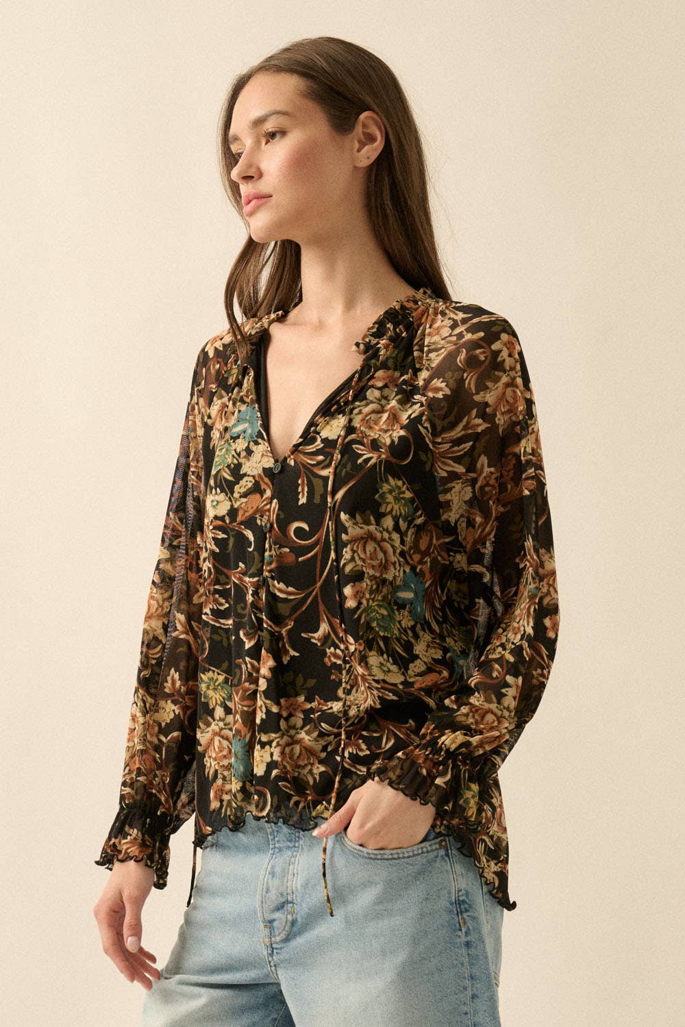 Floral-Print Mesh V-Neck Buttoned Ruffle-Cuff Top