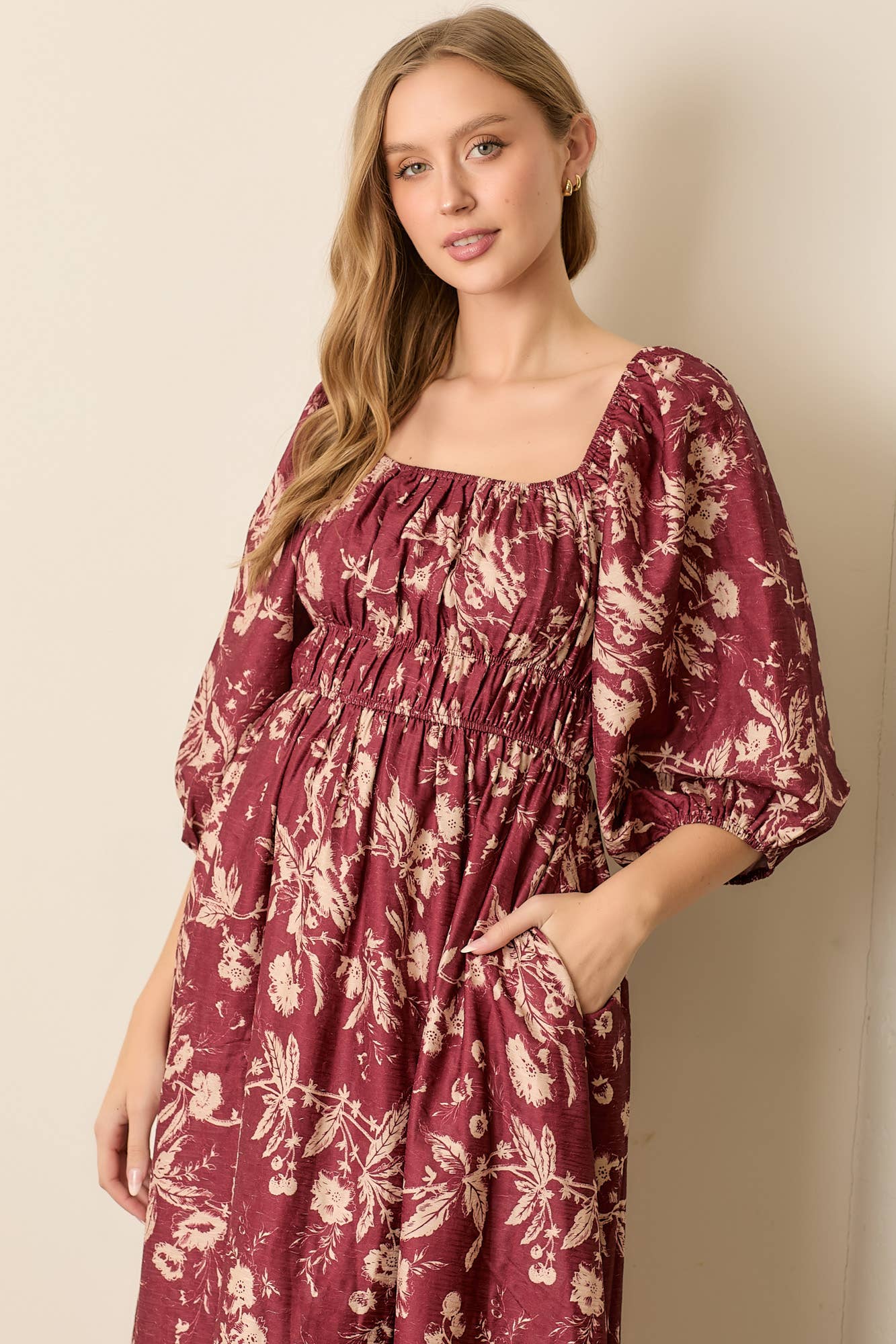 Maroon Floral Textured Print Dress