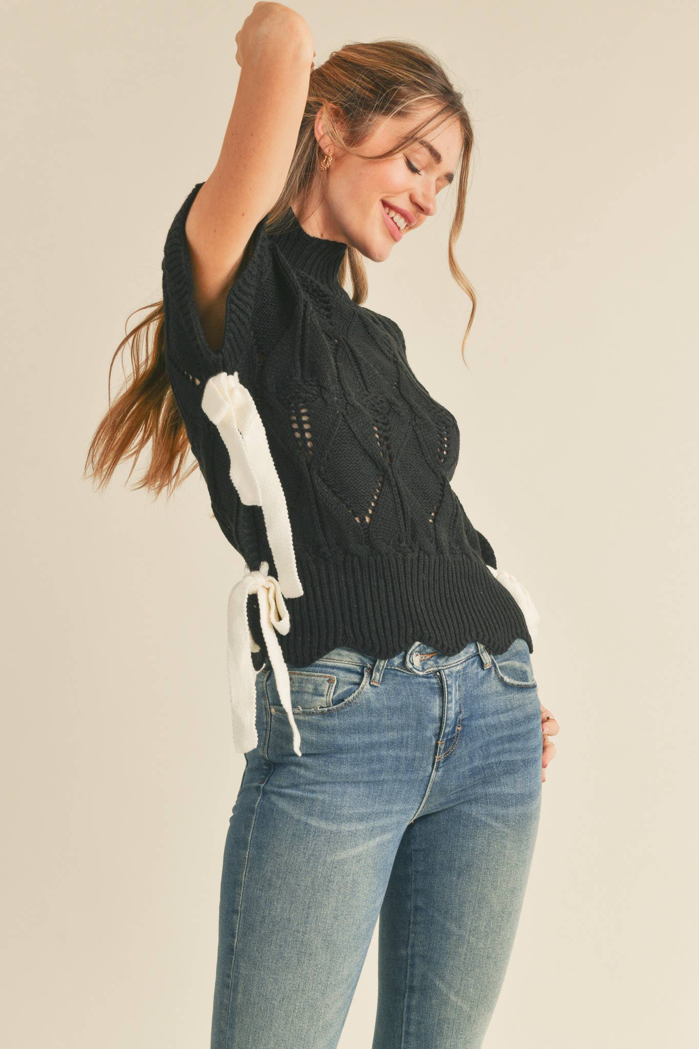 Pre-Order arrives 9/25-Black Sweater Vest Top with Side Bows