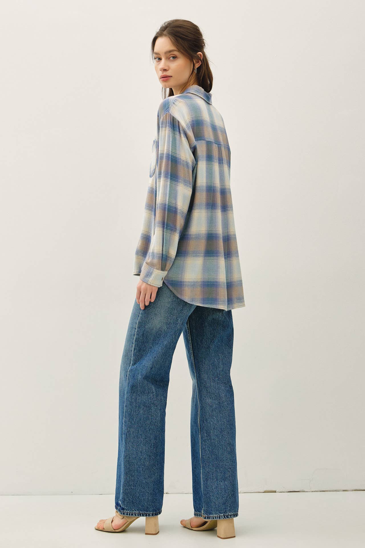 Blue, Taupe and Cream Vintage Plaid Button-Up